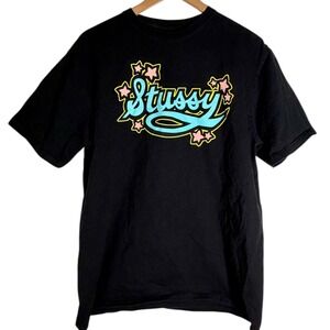 Stussy Men's Star Script Logo Short Sleeve Tshirt Black Large